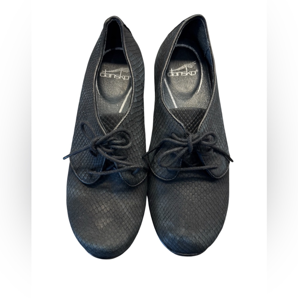 Dansko Black Olive oxford Leather snake skin Lace Up Women's Shoes sz 37 6.5